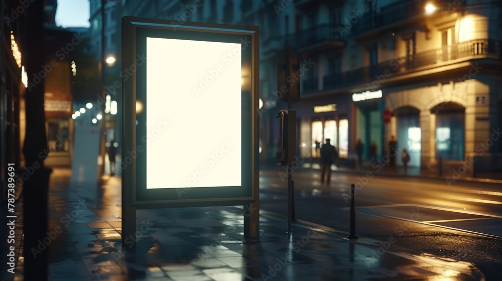 Poster blank billboard in showcase on evening street mock up : generative ai