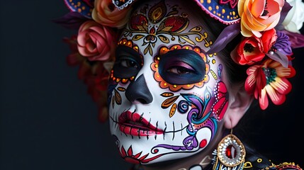 Whimsical Sugar Skull Makeup Display with Boldly Colored Designs and Delicate Decorative Details Against a Simple Black Backdrop