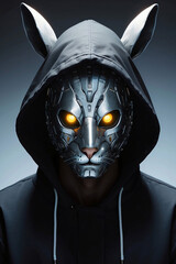 a man in a black hoodie with a rabbit ears and mask on it a black background. ai generated