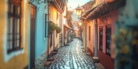 An enchanting view of a cobblestone alley lined by colorful houses with vintage style lamps illuminating the path - obrazy, fototapety, plakaty