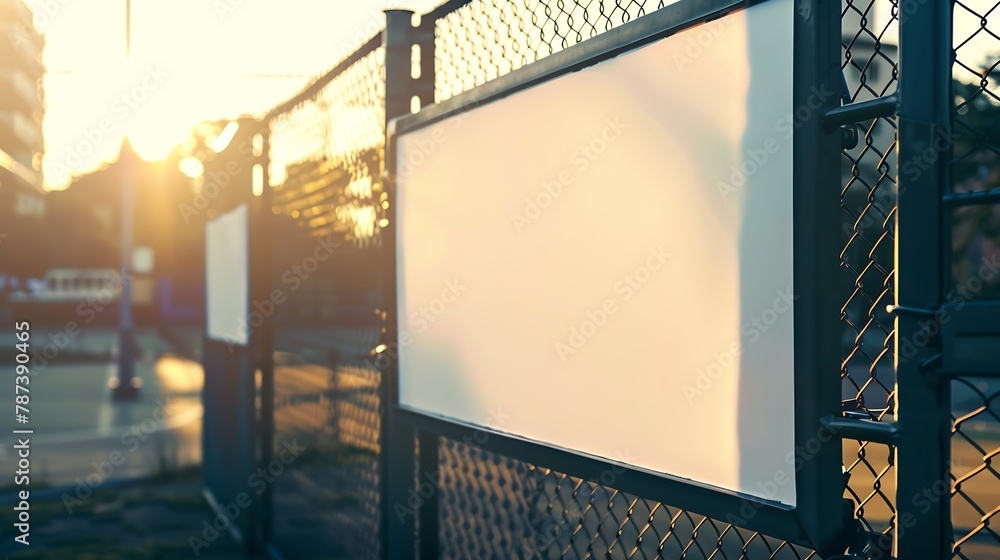 Aufkleber empty advertising white banner with mockup on iron fence on sport playground front view : generative
