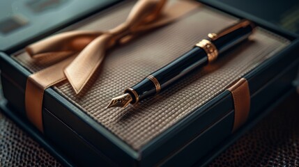Elegant fountain pen in a gift box with a golden satin ribbon on dark background
