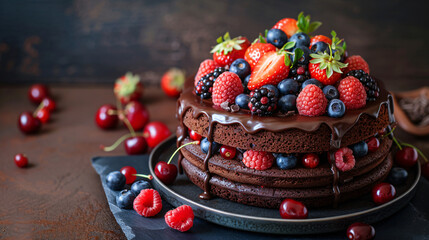 Chocolate cake with with berries strawberries
