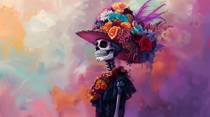 Stylized Depiction of La Catrina,the Iconic Skeleton Lady,Adorned in Elegant Finery and Floral...