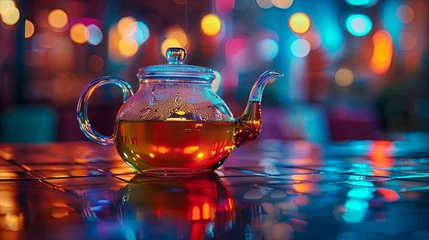 Selbstklebende Fototapeten Glass teapot with hot tea on a colorful bokeh background © volga