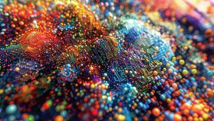 A dazzling array of luminous, iridescent dots and particles in a range of vivid colors, forming a captivating, almost organic and cellular texture.