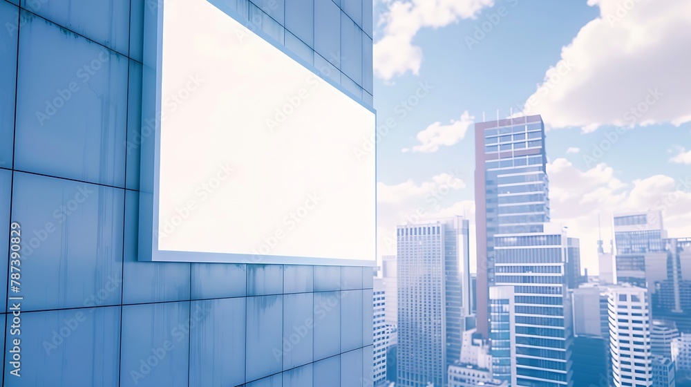 Poster blank white billboard on the wall of high building with blue sky mock up : generative ai