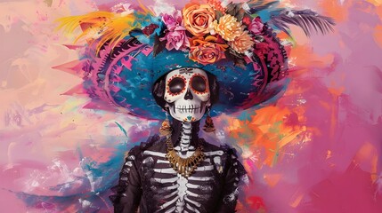 Stylized Pop Art Depiction of La Catrina,the Iconic Skeleton Lady Adorned with Flowers and Feathers...