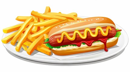 Classic hot dog with mustard and french fries on a plate