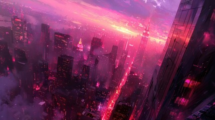 Vibrant Futuristic Cityscape With Pink and Purple Lights - obrazy, fototapety, plakaty
