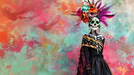 Stylized Depiction of La Catrina Skeleton Lady in Elegant Finery Against Dreamy Pastel Background