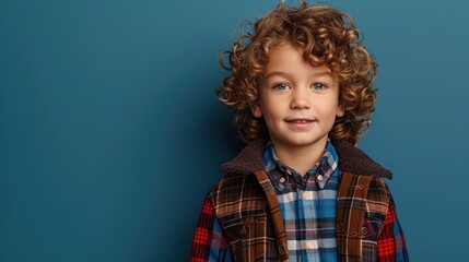 Young Boy With Curly Hair in Plaid Shirt