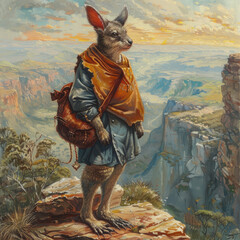 An adventurer crescent nail-tail wallaby in human form standing at the edge of a cliff - obrazy, fototapety, plakaty