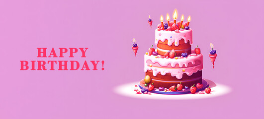 Happy Birthday cake on pink background. Pixel art illustration for greeting card, party. Banner