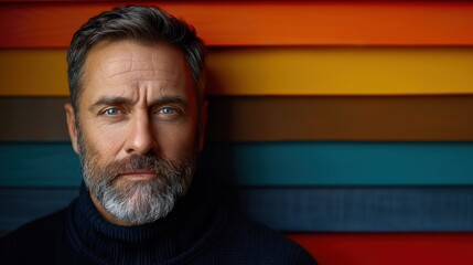 Grey-Haired Man With Beard in Front of Multicolored Wall