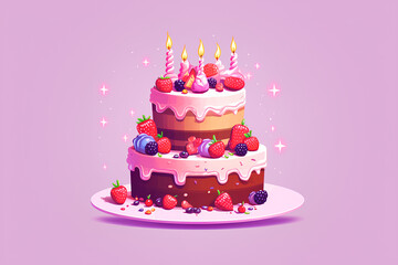 Birthday cake on pink background. Pixel art illustration for greeting card, party.