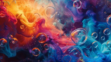 Vibrant abstract colorful smoke with bubbles background