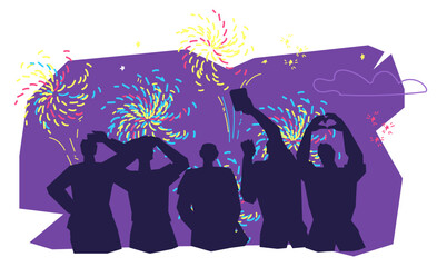 Black silhouettes of people celebrating festive event or national Independence day with fireworks, cartoon vector illustration isolated on background. Festive fireworks and celebrations scene.