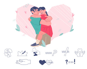Illustrations for advisory and therapeutic services for children and parents, help and support to family relationships. Banner with father hugging his child and icons on topic of family psychology.