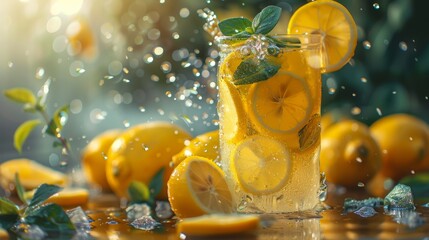 Iced lemonade in a tall glass surrounded by fresh lemons and mint on a dewy surface - obrazy, fototapety, plakaty