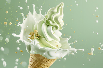 Waffle cone of sweet ice cream with pistachios and splashes of milk and syrup on a light background