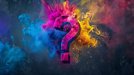 Vibrant color explosion with question mark symbol on abstract background