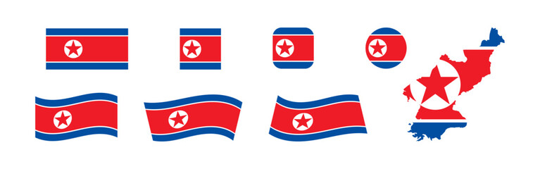 Map and flag set of North Korea. Country of Asia. Vector