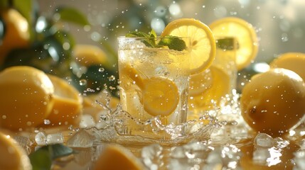 Iced lemonade in a tall glass surrounded by fresh lemons and mint on a dewy surface - obrazy, fototapety, plakaty