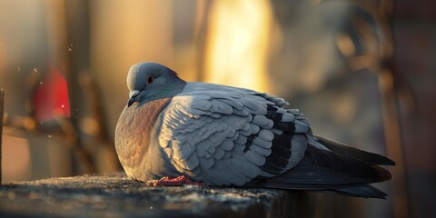 Fototapeta premium A serene pigeon fluffs its feathers while resting on a ledge bathed in the warm glow of sunset light