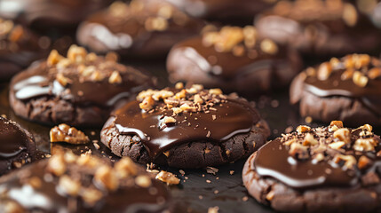 Chocolate glazed cookies sprinkled with walnuts