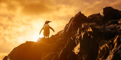 Lone penguin stands tall on a rugged cliff with the brilliant golden light of the sunset behind it - obrazy, fototapety, plakaty