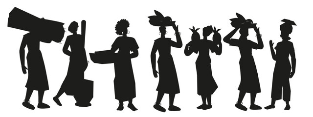 Silhouettes of African female farmers with fruits and vegetables. African peasants with harvest, vector illustration isolated on white background.