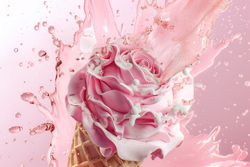 Waffle cone of sweet ice cream shaped like a rose with splashes of milk and syrup on a light...