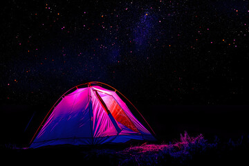Neon camping tent under a night sky isotated on black background.