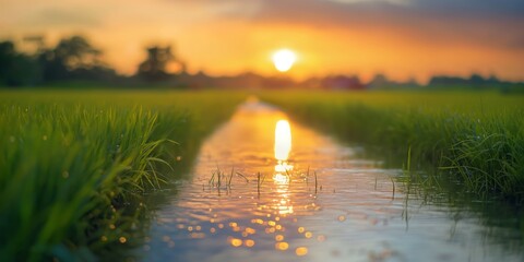 A serene waterway cuts through vibrant green rice fields with the sun setting majestically in the background, evoking a peaceful end to the day - obrazy, fototapety, plakaty