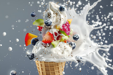 Waffle cone of sweet ice cream with berries and fruits and with splashes of milk and syrup on a...
