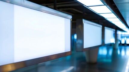 Three Bank billboards indoors of metro or airport hall advertising mock up public information board Blur Background : Generative AI