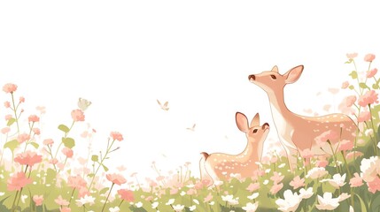 A gentle deer and her fawn crossing a misty meadow at dawn, soft greens and earth tones, very light watercolor,white background.