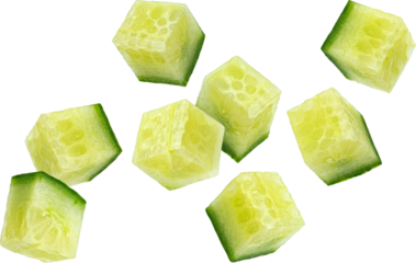 Falling cucumber cubes isolated on white background