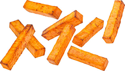 Baked sweet potato sticks isolated