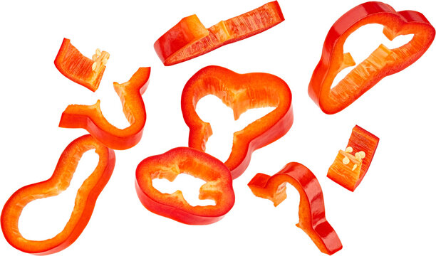 Sweet bell pepper slices, chopped paprika isolated on white background