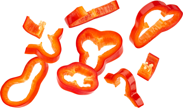 Sweet bell pepper slices, chopped paprika isolated on white background