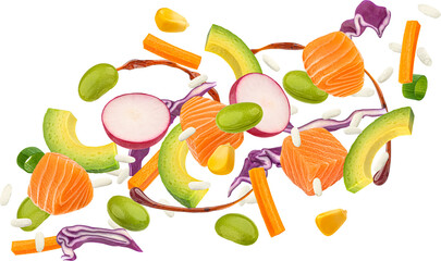 Falling salmon poke ingredients isolated on white background with clipping path