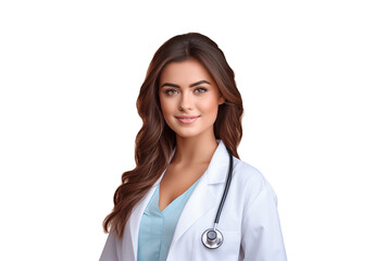Young beautiful female doctor with stethoscope isolated on transparent background, PNG, cut out