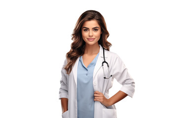 Young beautiful female doctor with stethoscope isolated on transparent background, PNG, cut out