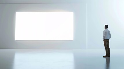 Obraz premium Photo of man in modern gallery looking at the empty canvas Blank mockup motion blur : Generative AI