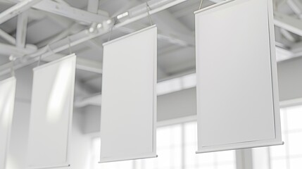 Blank White Supermarket Banners Hanging From Ceiling Hangers Mockup Ready For Branding Or Advertising : Generative AI