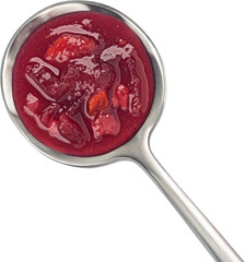 Borscht in spoon, beetroot soup isolated, top view