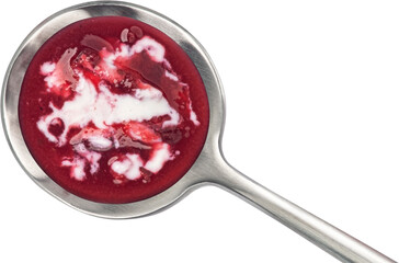 Borscht in spoon, beetroot soup isolated on white background, top view
