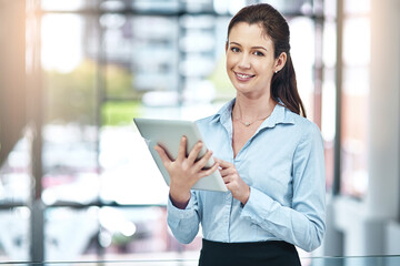 Office, portrait and woman with tablet, website review and online report on business opportunity article. Networking, confidence and happy businesswoman in lobby with digital app for email connection